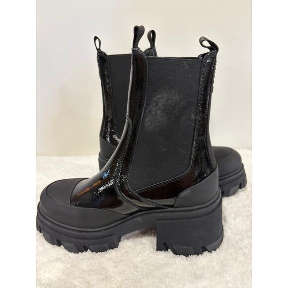 NWOB Ganni Cleated Heeled Mid Chelsea Boots Black Patent Leather Women's Size 39 - Picture 3 of 14